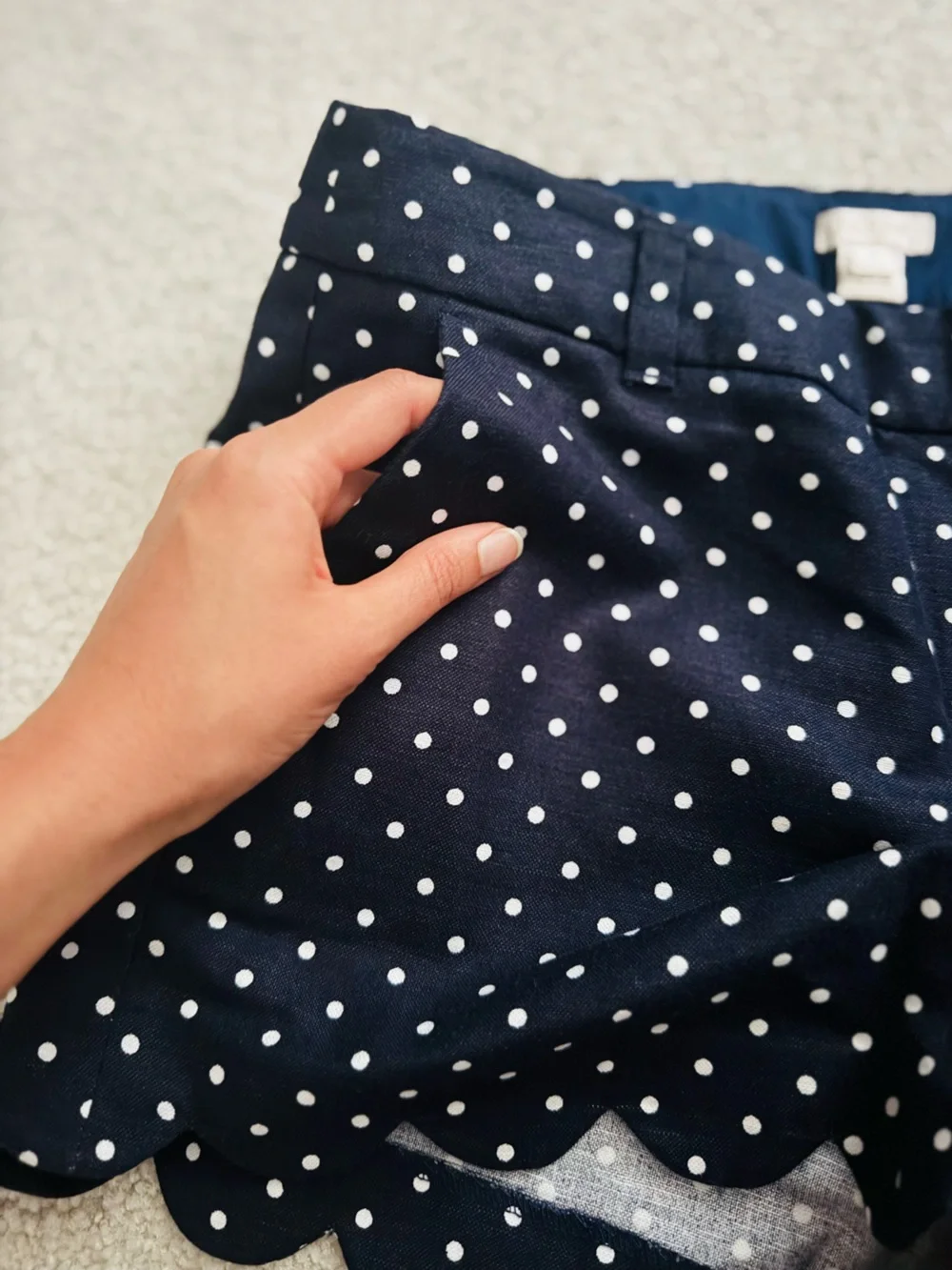 J. Crew Scalloped Hem Polka Dot Printed Navy Blue White Linen Cotton Mini Shorts